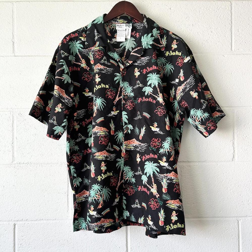 Makani Black Aloha Hawaii Short Sleeve Button Up Collared Shirt Men's Large